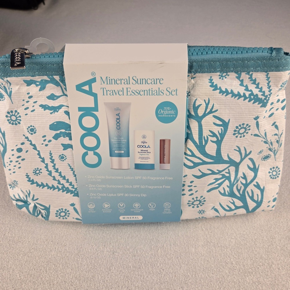 COOLA Mineral Suncare Travel Essentials Set SPF 50 Lotion Stick Liplux Pouch NEW